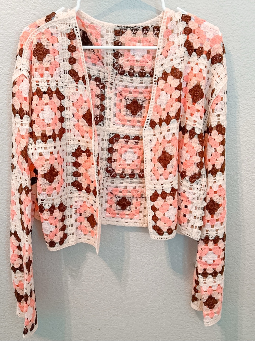 Boho Crochet Granny Square Long Sleeve Cardigan Pink Ivory L/XL Cottage Grandma - Picture 8 of 8
